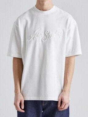 Acne White Embroidered Script Logo Short Sleeve Tee